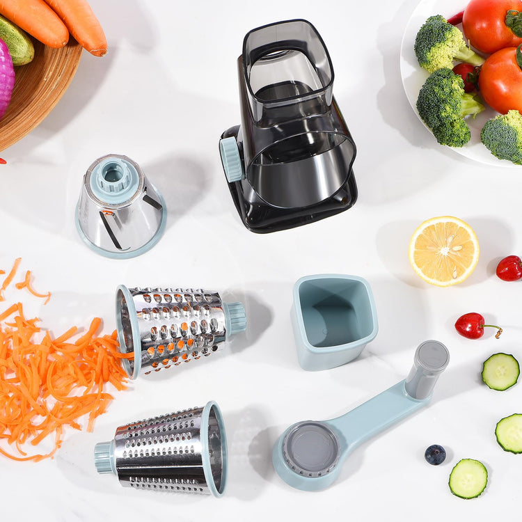 Rotary Cheese Grater with Handle Kitchen Shredder Slicer Grater Slicer Ice Shaver Cheese Vegetable Nuts Potato Zucchini Chocolate 3 Interchangeable Blades