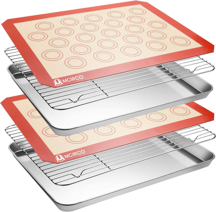MCIRCO 6 Piece Stainless Steel Baking Sheet with Rack with Silicone Baking Mat Set (2 Pans + 2 Racks + 2 Mats), 17.3 x 13 x 1 Inch Cookie Sheet with Cooling Rack, Easy Clean