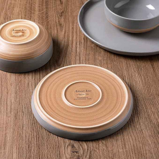 AmorArc Ceramic Dinnerware Sets for 4, 12 Pieces Handpainted Plates and Bowls Set with Rustic Terracotta Underside, Scratch Resistant Stoneware Dishes Set, Dishwasher & Microwave Safe, Gray