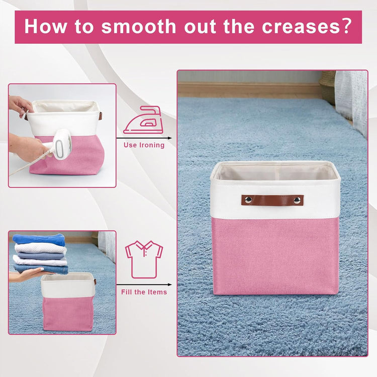 Collapsible Fabric Storage Cubes 11x11 Cube Storage Bins, 4 Pack Closet Baskets Box with Handles for Organizing, Shelf, Toys, Clothes, Home, Office, Nursery (Pink&White)