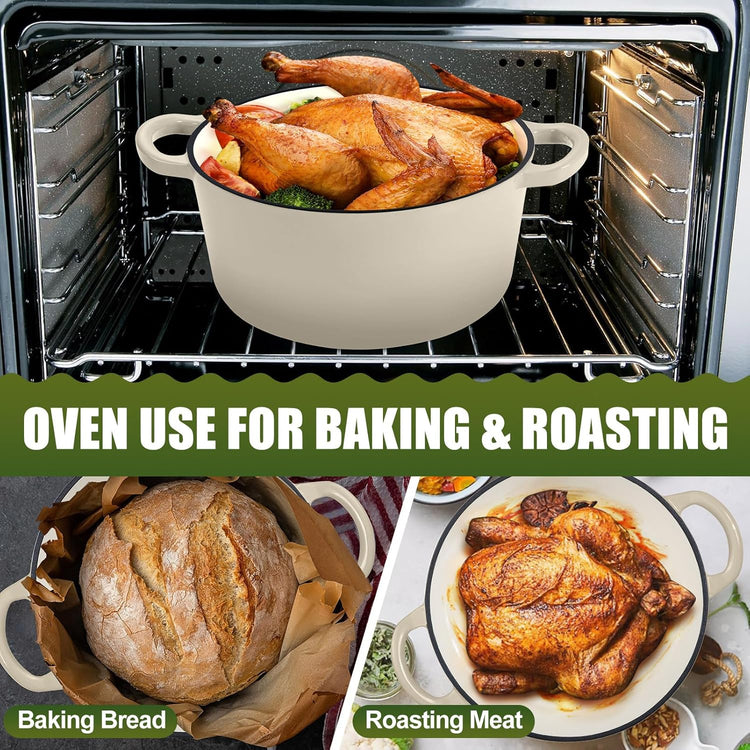 P&P CHEF 7QT Enameled Dutch Oven, Cast Iron Dutch Oven Pot with Lid for Bread Baking, Enameled Casserole Pot for Roasting Braising Stewing Frying Simmering, Various Stoves & Easy Clean, Khaki - Nestoria