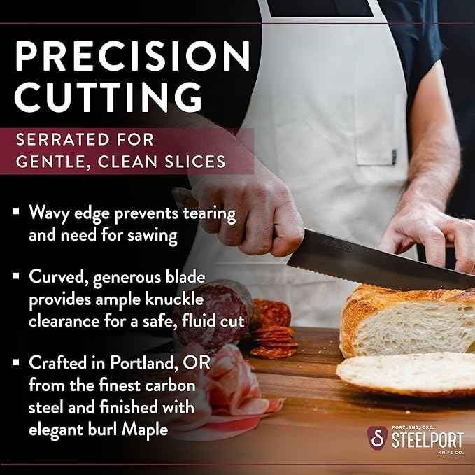 STEELPORT 10 Inch Bread Knife – Heirloom Quality Carbon Steel Serrated Knife for Sourdough, Artisan Loaves | Handmade Bread Cutting Tool with contoured Oregon Big Leaf Maple Burl Handle | Made in USA