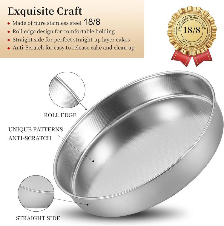 Inqibee Cake Pan Set of 3,18/8 Stainless Steel Round Cake Baking Pans,8-9.5-11 Inch,Physics Anti-Stick and Scratch,Non-Toxic and Easy Clean