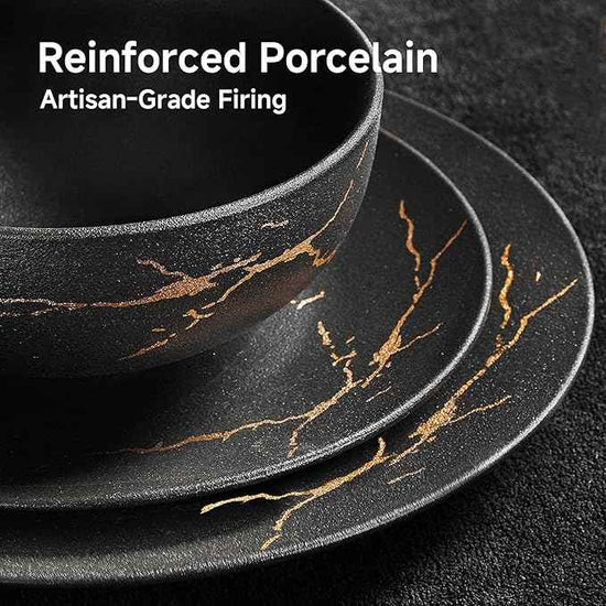 KINGSTONE Porcelain Dinnerware Sets for 8 | 24 Piece Plates and Bowls Sets Kitchen Dishes Scratch Resistant Matte Black Gold Vein Dinner Salad Plate Dishware for Party Daily Wedding