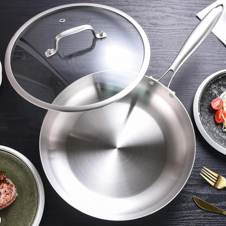 8”/9.5”/11” Stainless Steel Pans Set with Lid, Riveted Handle