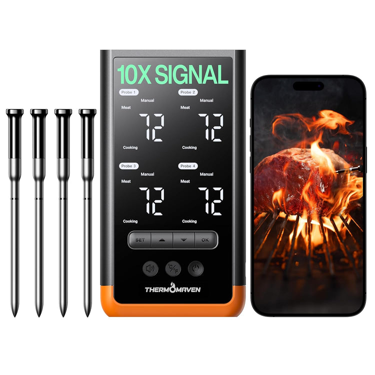 Wireless Bluetooth Smart Meat Thermometer: Standalone Base, WiFi Thermometer with Sub-1G, 6 Sensors NIST Certified Accuracy, 4 Probes, for Kitchen, BBQ, Grill, Oven, Smoker, Rotisserie
