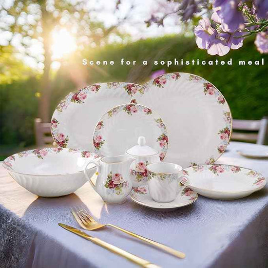 Lynns Paradise Philomena Floral 45-Piece Dinnerware Set | 24K Gold Trim | Embossed Swirl | Plates & Bowls Sets | Apartment Essentials | Home Kitchen Accessories | Floral Design