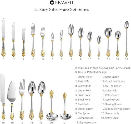 KEAWELL Luxury 45 Pieces 18/10 Stainless Steel Flatware set, Service for 8, silver plated with gold accents, Fine Silverware set and Dishwasher Safe