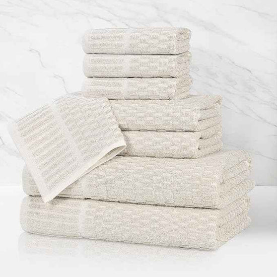 Superior Juno Viscose Cotton Blend Medium Weight Towels, for Bathroom, Shower, Spa, Plush, Quick Dry, Ultra-Soft Towels, Bath Essentials, Border Detail, 8 Piece Assorted Towel Set, Beige