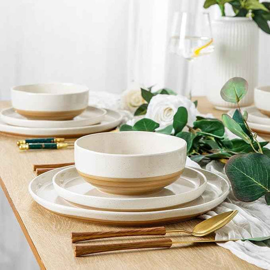 AmorArc Ceramic Dinnerware Sets for 6, 18 Pieces Handpainted Plates and Bowls Set with Rustic Terracotta Underside, Scratch Resistant Stoneware Dishes Set, Dishwasher & Microwave Safe,Light Beige