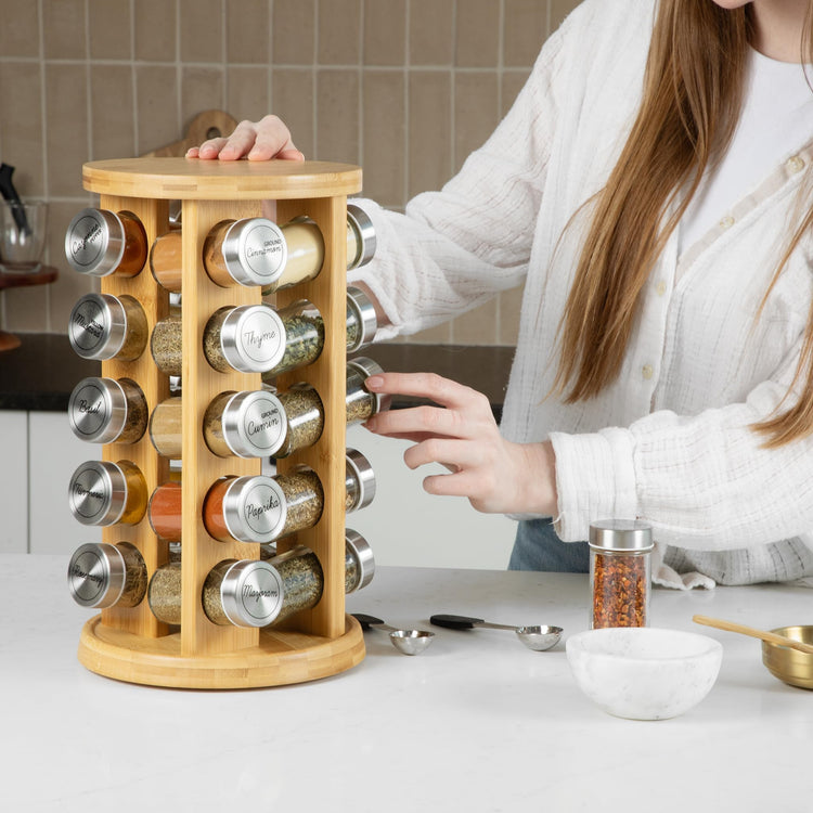20 Jar Rotating Bamboo Spice Rack with Spices Included & 5