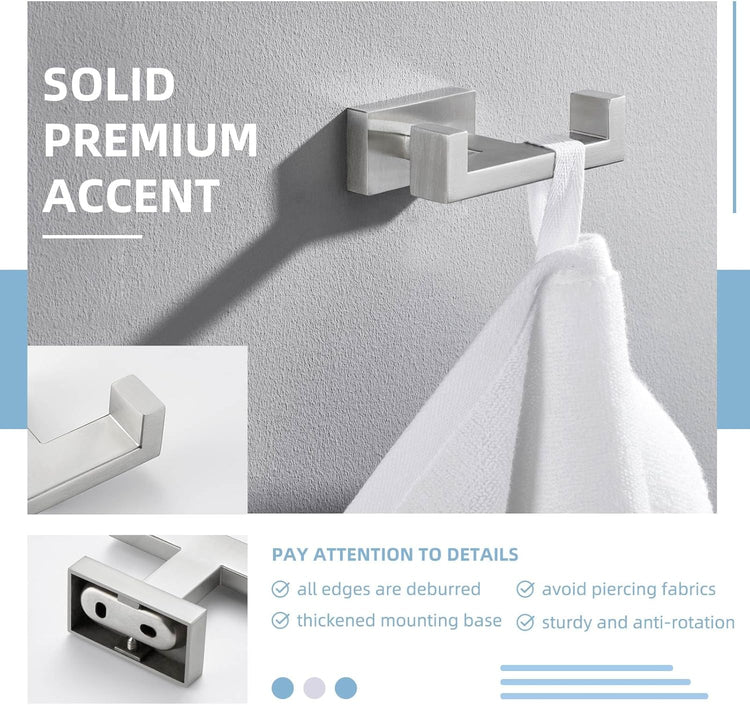 Angle Simple Towel Hook for Bathroom, SUS 304 Stainless Steel Double Robe Coat Hook, Hand Towel Hanger Wall Mount, Brushed Nickel