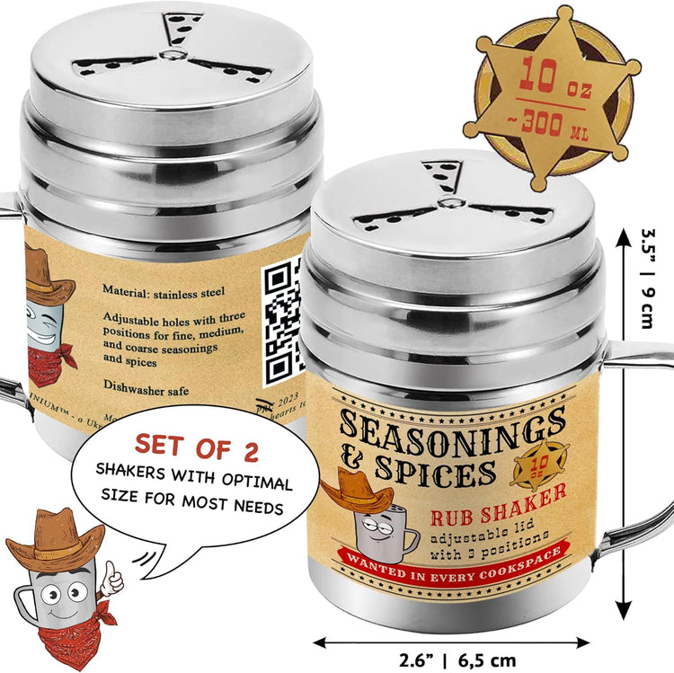 CUSINIUM [Pack of 2] 10 oz Seasonings Spice Shakers - BBQ Dry Rub Shakers - Cooking Dredge with Adjustable Fan-Style Lid and Handles