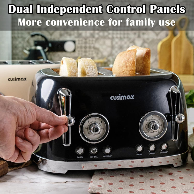 CUSIMAX Retro 4-Slice Toaster with Wide Slots, Stainless Steel, 6 Toast Settings, Bagel, Cancel, Defrost & Reheat Functions, Dual Independent Control Panels, Black