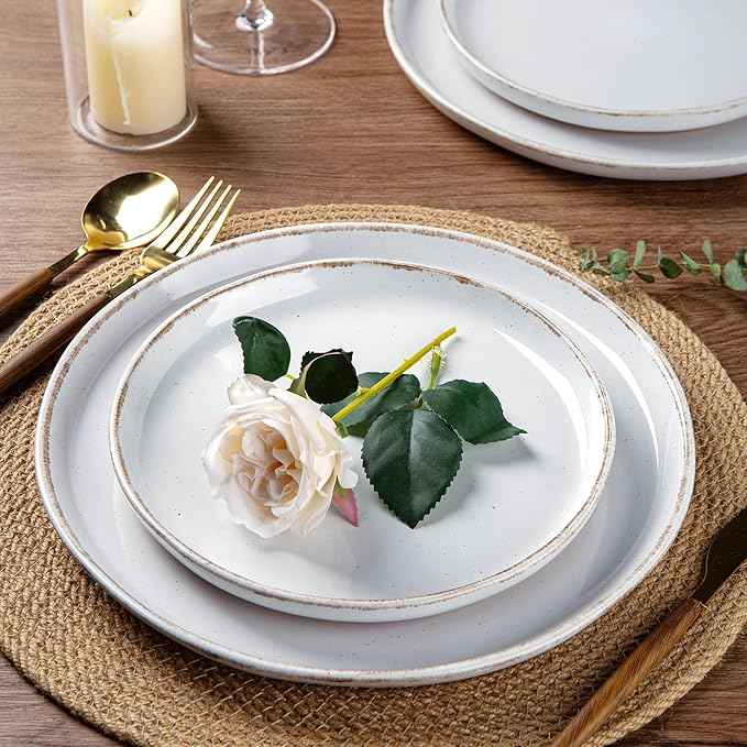AmorArc Ceramic Dinnerware Sets for 4, 12 Pieces Handpainted Plates and Bowls Set with Rustic Terracotta Underside, Scratch Resistant Stoneware Dishes Set, Dishwasher & Microwave Safe, White