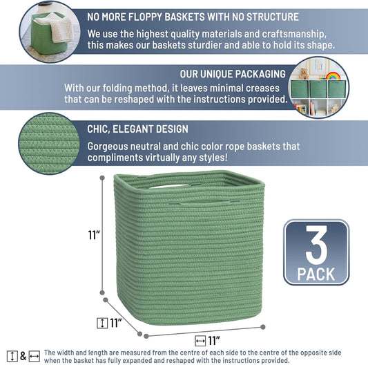 NaturalCozy Storage Cubes 11 Inch Cotton Rope Woven Baskets for Organizing, 3-Pack | Cube Storage Bin | Square Storage Baskets for Shelves Organizer, Classroom, Kids Toy Bins, Closet, Baby Nursery