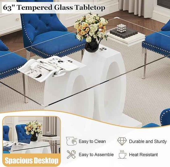 63" Glass Dining Table Set for 6, 7-Piece Rectangular Kitchen Table with Tempered Glass Top, White Double O-Shaped MDF Base, and 6 Blue Velvet Upholstered Chairs for Dining Room, Living Room, Office
