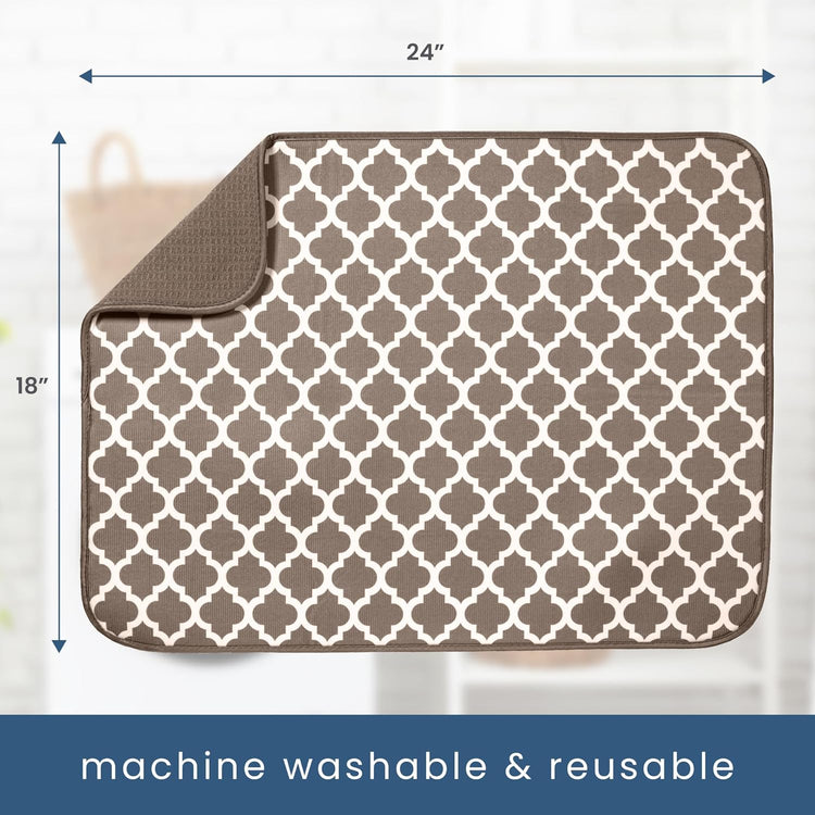 S&T INC. Dish Drying Mat XL, 18” x 24”, Absorbent Microfiber Kitchen Counter Mat, Dish Drying Pad for Dishes, Utensils, Pots and Pans, Extra Large, Taupe Trellis