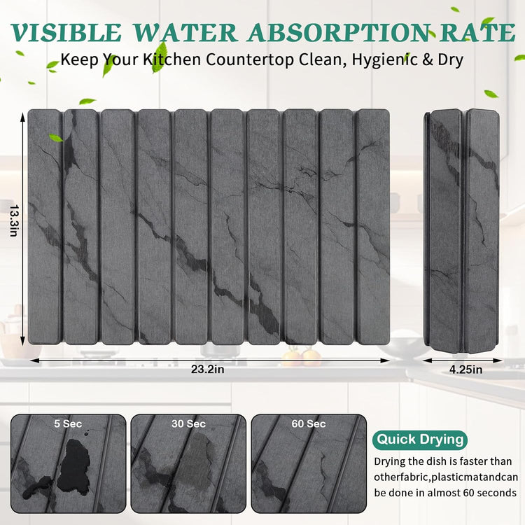 Stone Dish Drying Mat for Kitchen Counter, 24''×15'' Dark Grey Marble Dishes Drying Matt Kitchen Counter, Absorbent Diatomaceous Earth Bath Quick Dry Mats for Tableware, Bottles and Cup