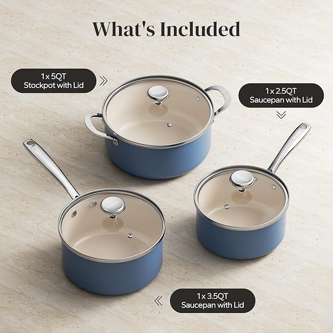 Redchef Non-stick Stock Pots Set 5QT, Sauce Pan with Lids(2.5QT, 3.5QT) Multifunctiona Kitchen Cookware Sets, Non Toxic with Stay Cool Handle, PTFE & PFAS & PFOA Free, Dishwasher/Oven Safe (Blue)