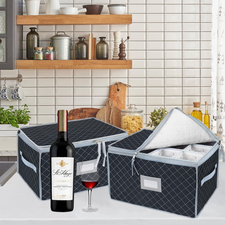 Wine Glass Storage Box with Dividers Holds 24 Stemware Storage Cases or China Crystal Glassware Containers with Handles and Lable Window (2 Count)