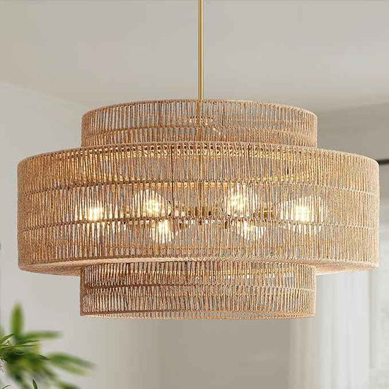 30” Boho Rattan Chandelier Light Fixture, 8-Light Large Hand Woven Pendant Light Fixture Farmhouse Rustic Chandeliers for Dining Room, Kitchen, Bedroom, Living Room, Hallway, Foyer