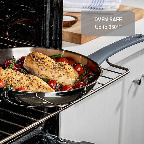 T-fal Essentials Stainless Steel Cookware Set 12 Piece, Induction Compatible, Oven Safe 350F, Cooking Set w/Stewpots, Stockpot, Saucepan, Lids & Tools, Measuring Marks, Dishwasher Safe, Silver/Blue