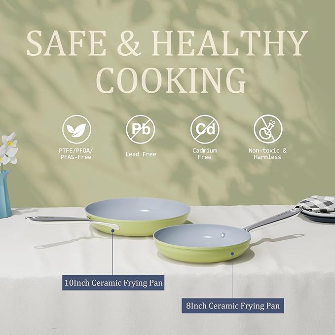 CookinCraze CookinCraze Ceramic Cookware Set, Pots and Pans Set Nonstick with Lid PFAS & PFOA Free, Induction Compatible Oven Safe Up to 500°F Even Heat Distribution, Olive Green