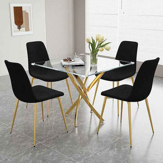 AF ARTISAN FURNITURE 36" Square Glass Dining Table Set for 4, 5-Piece Modern Kitchen Table with 4 Black Velvet Chairs, Modern Circle Leisure Table for Home Office Dining Room Small Spaces (Gold Leg)