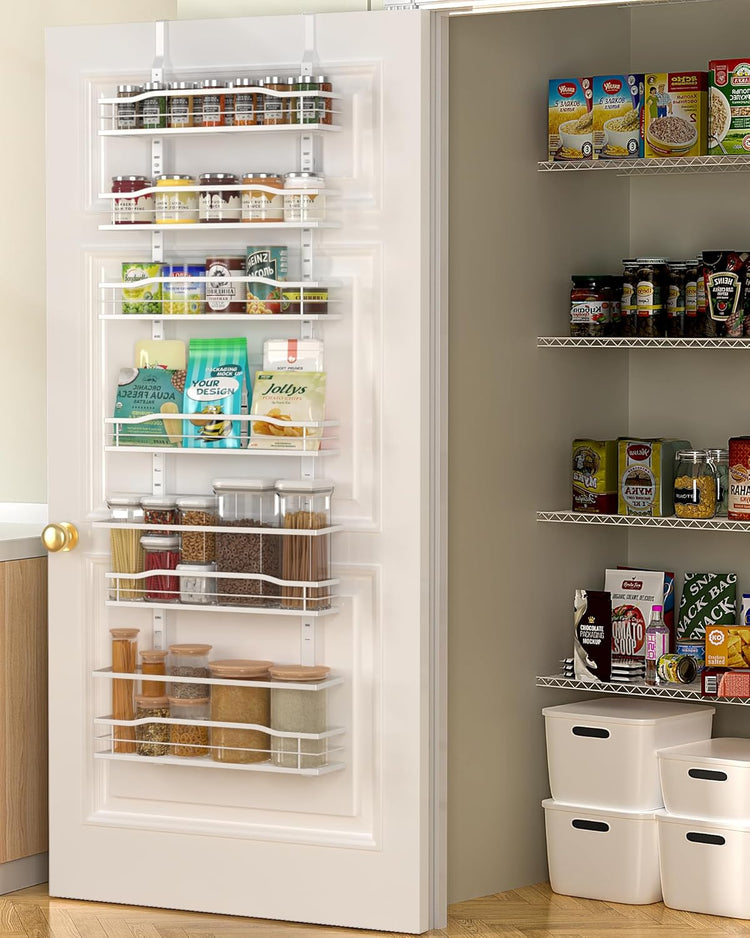 Moforoco White 6-Tier Over Door Pantry Organizer, Pantry Organization Storage, Door Metal Hanging Spice Rack Basket Shelves, Home Kitchen Apartment Essentials, Laundry Room Bathroom Organization