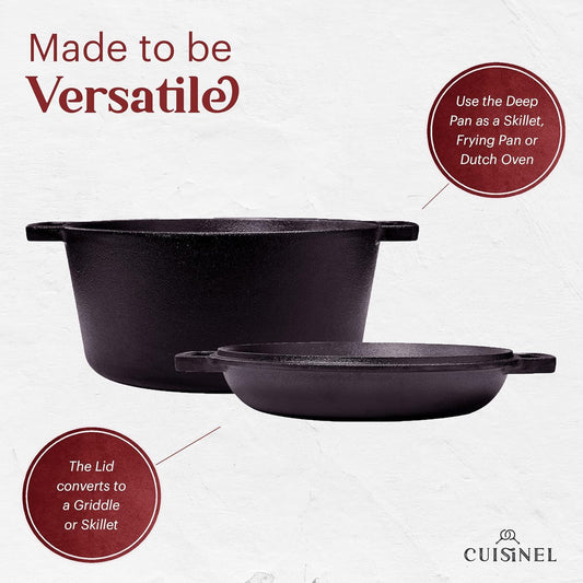 Cast Iron Double Dutch Oven - Pre-Seasoned 5-Quart Set – 2-in-1 Multi-Cooker: 5-Qt Deep Pot + 10" Skillet - Frying Pan Converts to Lid of Combo Dutch Oven – Grill, Stove Top, BBQ and Induction Use - Nestoria