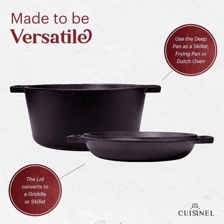 Cast Iron Double Dutch Oven - Pre-Seasoned 5-Quart Set – 2-in-1 Multi-Cooker: 5-Qt Deep Pot + 10" Skillet - Frying Pan Converts to Lid of Combo Dutch Oven – Grill, Stove Top, BBQ and Induction Use - Nestoria