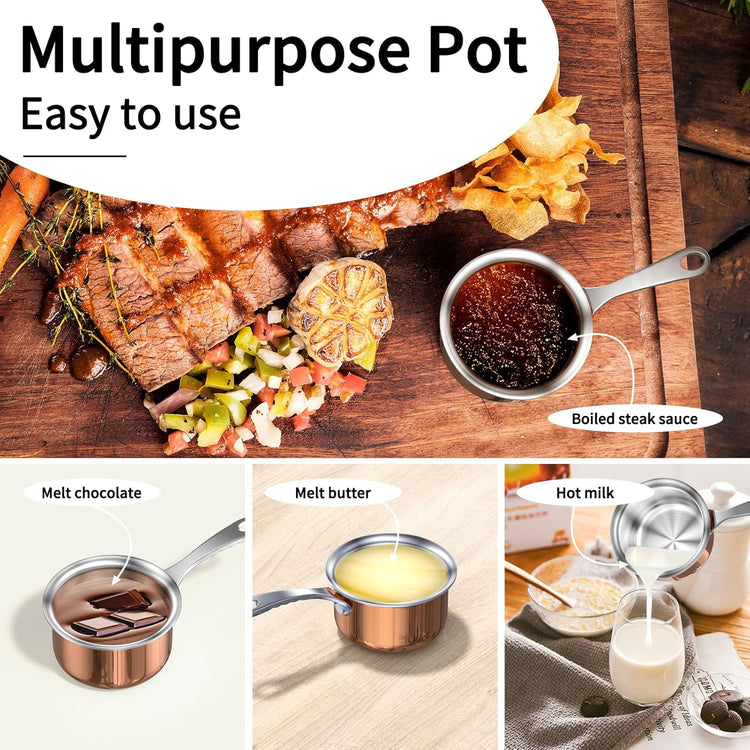 Macevia Mini Sauce Pan with Lid,Copper Butter Warmer Small Pot, Multipurpose Use for Home Kitchen or Restaurant (10.8oz/320ml)