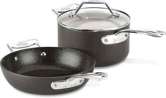 All-Clad Essentials Hard Anodized Nonstick Fry & Sauce Pan Set 8.5 Inch , 2.5 Quart Oven Broiler Safe 500F Pots and Pans, Cookware Black