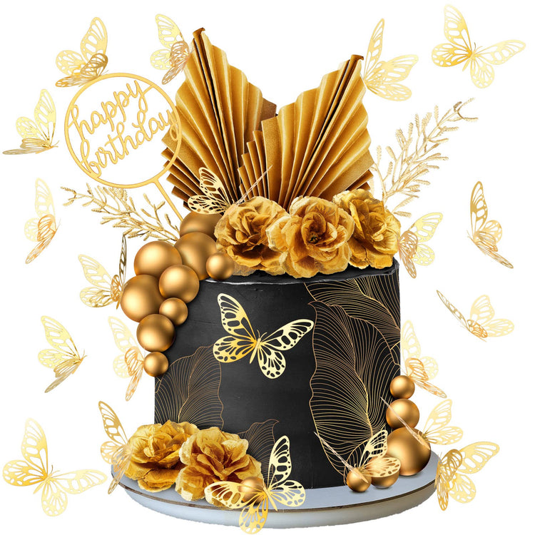 52 Pcs Gold Happy Birthday Cake Topper Decoration Boho Wedding Cake Topper Rose Flower Butterfly Palm Leaves Balls Birthday Decoration for Women Men Party Decor