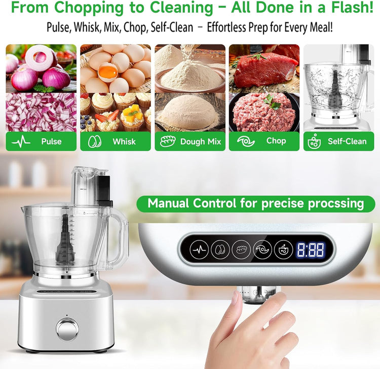 Homtone 16 Cup Food Processor Large, Aluminum-Diecast 11-In-1Food Processor with Whisk, 5 Preset Modes& Stepless Speed Control, 8 Blades for Shred, Slice, Chop, Knead, Dice, Fries Cut, 650W, Sliver