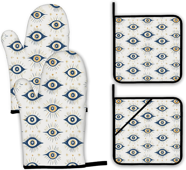 Evil Eyes Oven Mitts and Pot Holders,Heat Resistant Oven Mitts Gloves and Pot Holder for Home Kitchen Decorations Cooking Baking BBQ Gifts,Set of 4