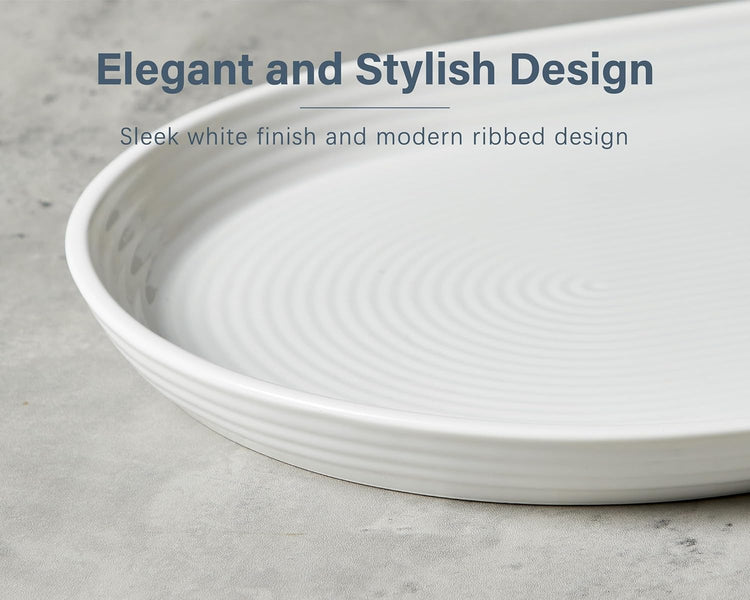ONEMORE 16 Inch Ceramic Serving Plates for Entertaining, Set of 2 Large Oval Dinner Plates- Dishwasher Oven Safe Serving Tray for Food Meat Fish Parties- Porcelain Thanksgiving Turkey Platters - White