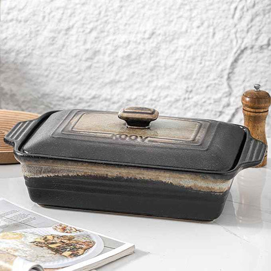 KOOV Ceramic Casserole Dish with Lid, Rectangular Baking Dish Set, Lasagna Pans for Cooking, 9 x 13 Inches, Stripe Series (Rough Black)