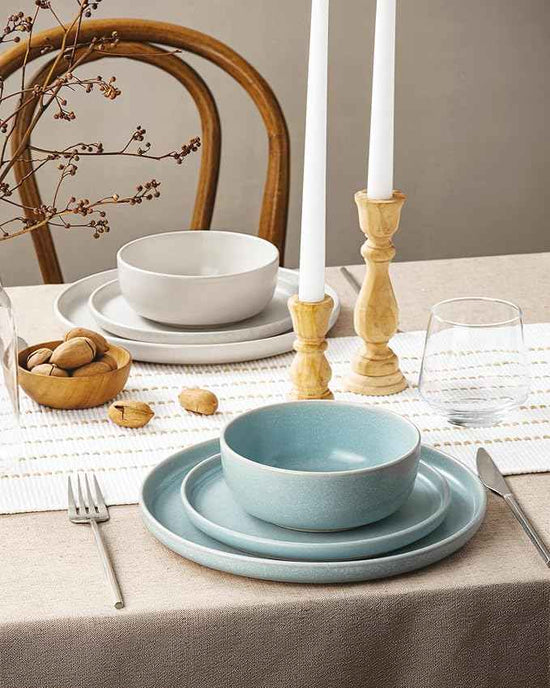 Famiware Milkyway Plates and Bowls Sets, 12 Pieces Dinnerware Sets, Reactive Glaze Dish Set, Stoneware Dishes Set for 4, Matte Beige White & Light Blue