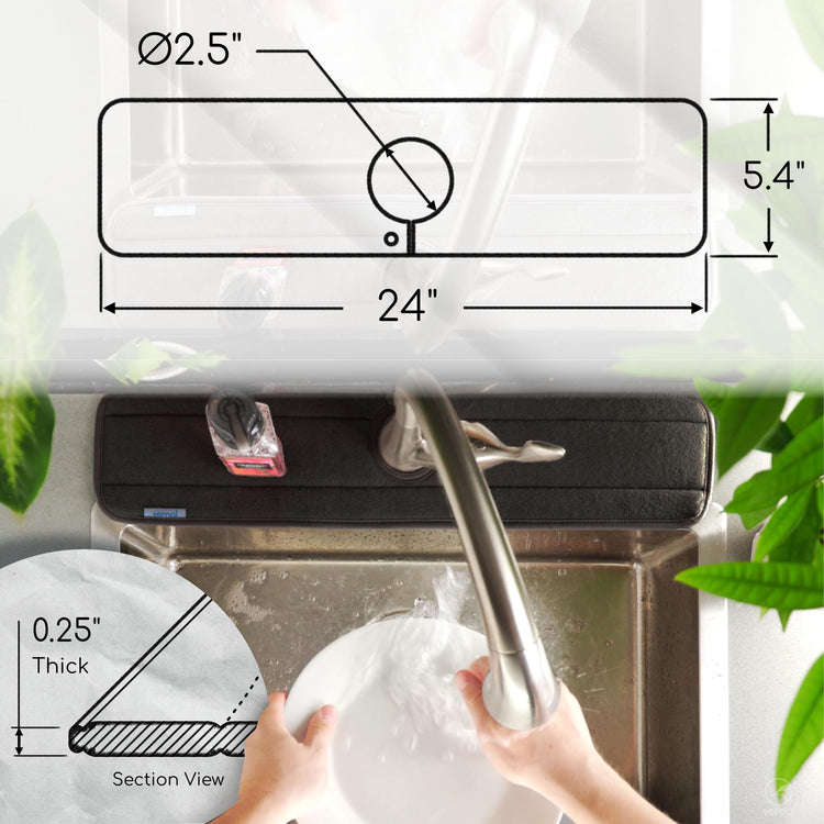 Original SINKMAT 24in XL Faucet Splash Guard Extra Long Microfiber Sink Drip Catcher Mat Non Slip Countertop Protector Drying Pad for Kitchen Bathroom RV Machine Washable Black