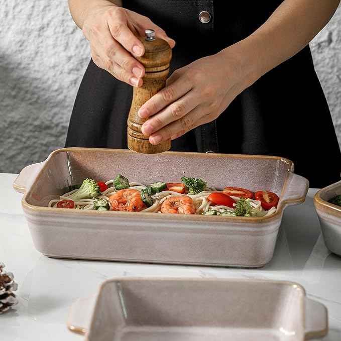 HVH 9x13 Baking Dish Set, Large Casserole Dishes for Oven, Ceramic Bakeware Set of 3, Rectangular Lasagne Pan Deep for Baking (Sand Color)