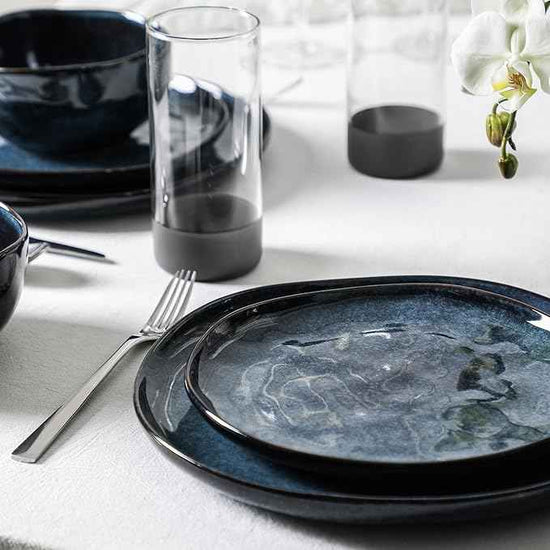 Stone + Lain Mirella 32-Piece Dinnerware and Glassware Set – Service for 8 – Includes Stoneware Plates, Bowls & 8 Tall Borosilicate Glasses – Deep Blue Reactive Glaze Finish
