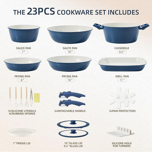 BECIGAR 23pcs Ceramic Pots and Pans Set, Nonstick Detachable Handle Cookware, Induction Kitchen Cooking Set with Removable Handle,include Frying Pans & Saucepans Oven Safe(Blue)