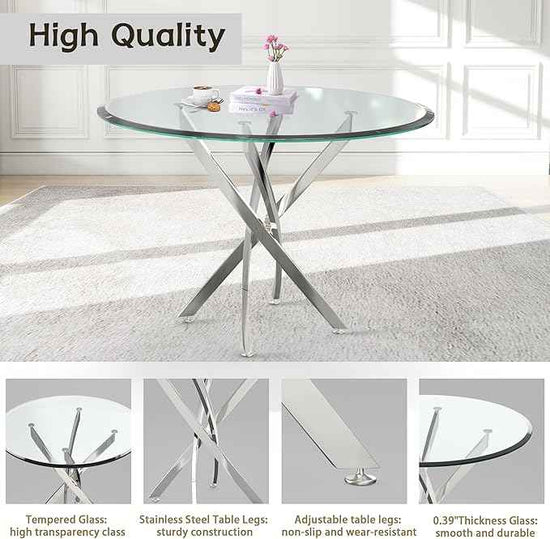 AF ARTISAN FURNITURE 36" Round Glass Dining Table Set for 4, 5-Piece Modern Kitchen Table with 4 Black Scoop Velvet Chairs, Modern Circle Leisure Table for Home Office Dining Room (Silver Leg)