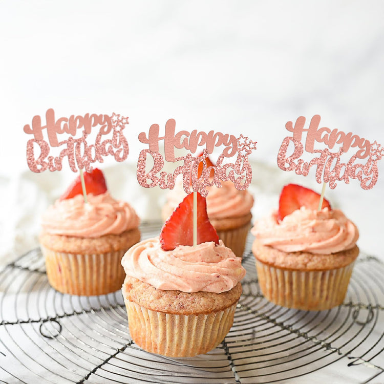 24Pcs Rose Gold Happy Birthday Cupcake Toppers for Baby Shower (24 Count)
