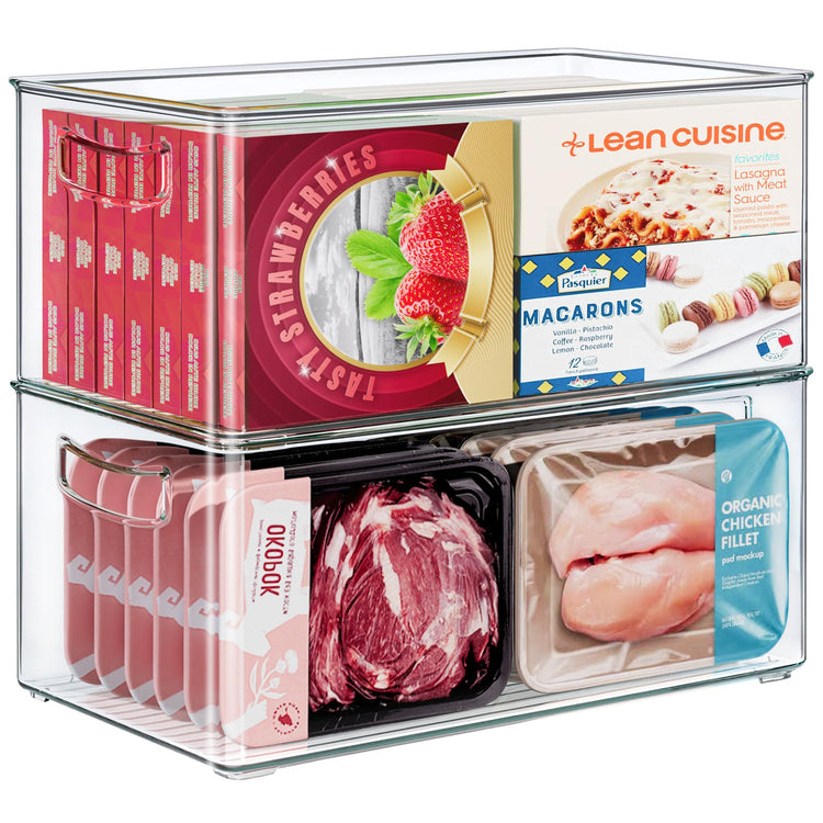 2 Pack Clear Freezer Organizer Bins Stackable Storage Bins with Side Handles for Kitchen Pantry Cabinet Organzation and Storage (2 Count)