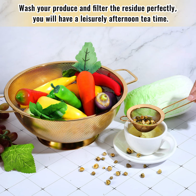 5 Quart Gold Colander and 3 Metal Fine Mesh Strainer Set