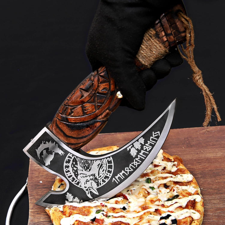 MR. CRAFT Pizza Cutter Axe Rocker Carbon Steel Slicer Chef Pizza Cutter Viking Axe with Leather Cover - Premium Pizza Oven Accessories Ulu Rocking Pizza Gift Gifts for Men (Brown Eagle)