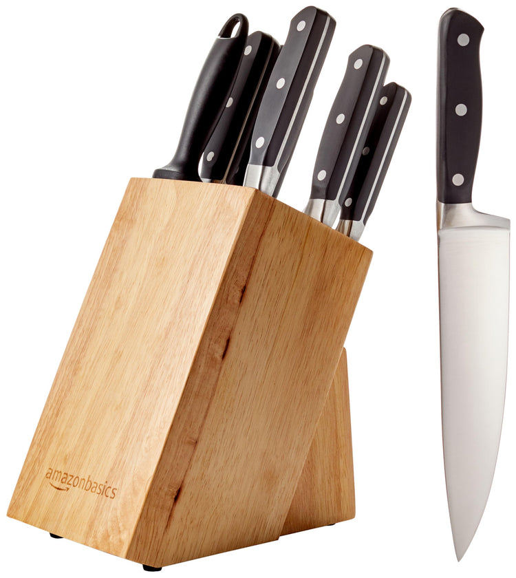 9-Piece High-Carbon Stainless Steel Kitchen Knife Set with Ergonomic Handles, Full Tang Construction, Pine Wood Block, Black (9 Count)